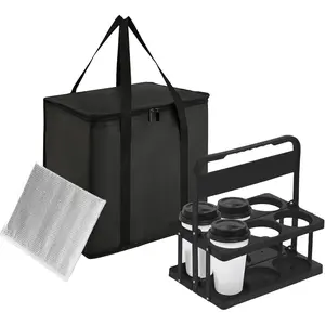 Reusable 6 Cup Drink Carrier with Handle and Insulated Food Delivery Bag, Portable Plastic Cup Caddy, 26L Grocery Cooler Box for Car Delivery, Travel, Picnic