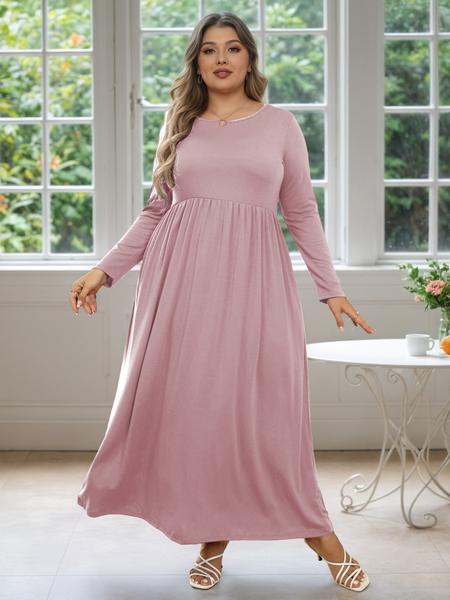 Women's Round Neck Stretchy Casual Long Plus Size Dress, Perfect for Bridesmaids, Vintage Style Wedding & Party Wear, Comfortable Fabric