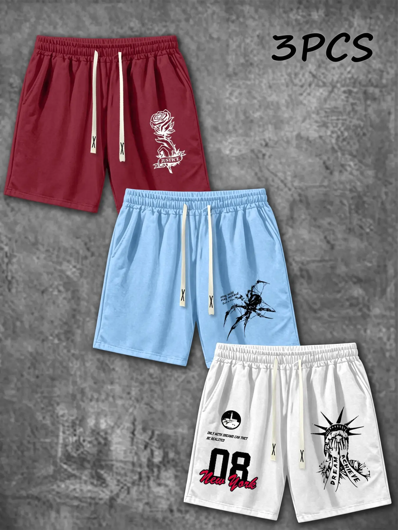 Men's Rose Spider Liberty Print Drawstring Shorts, American Street Style Loose-Fit Breathable Gym Shorts, Three-Piece Set, Fashionable Summer Shorts