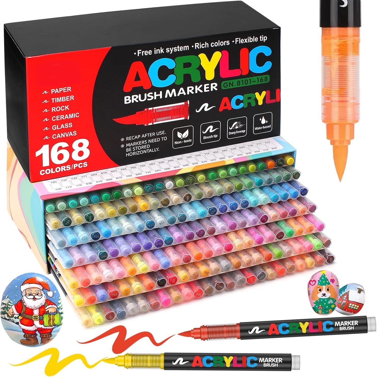 Acrylic Paint Marker Pen Set, Art Marker Pen, Brush Tip Markers, Brush Markers, 1 Box Acrylic Paint Pen for Wood, Stone, Canvas, Glass, Fabric, Egg, Rock Painting and DIY Crafts, Brush Pens, Flexible Tip Marker