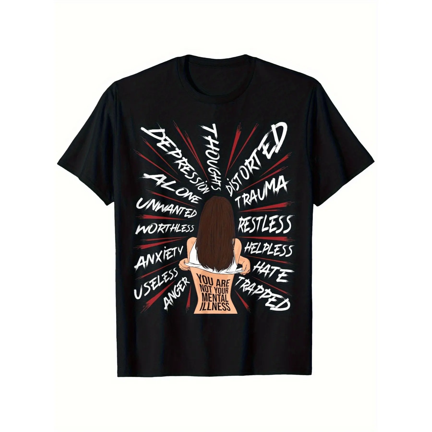 Women'S Mental Health Awareness T-Shirt, Black with White Red, Depression PTSD Borderline Disorder Phrases, Casual Round Neck Tee for Mental Illness Durable Digital Print Season