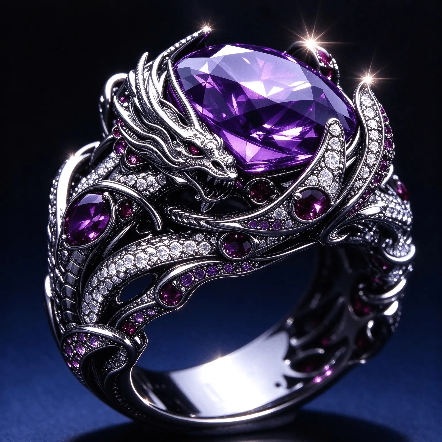 Dragon Ring for Men, Oval Cut Purple Zircon Statement Ring, Vintage Gothic Dragon Jewelry Gift