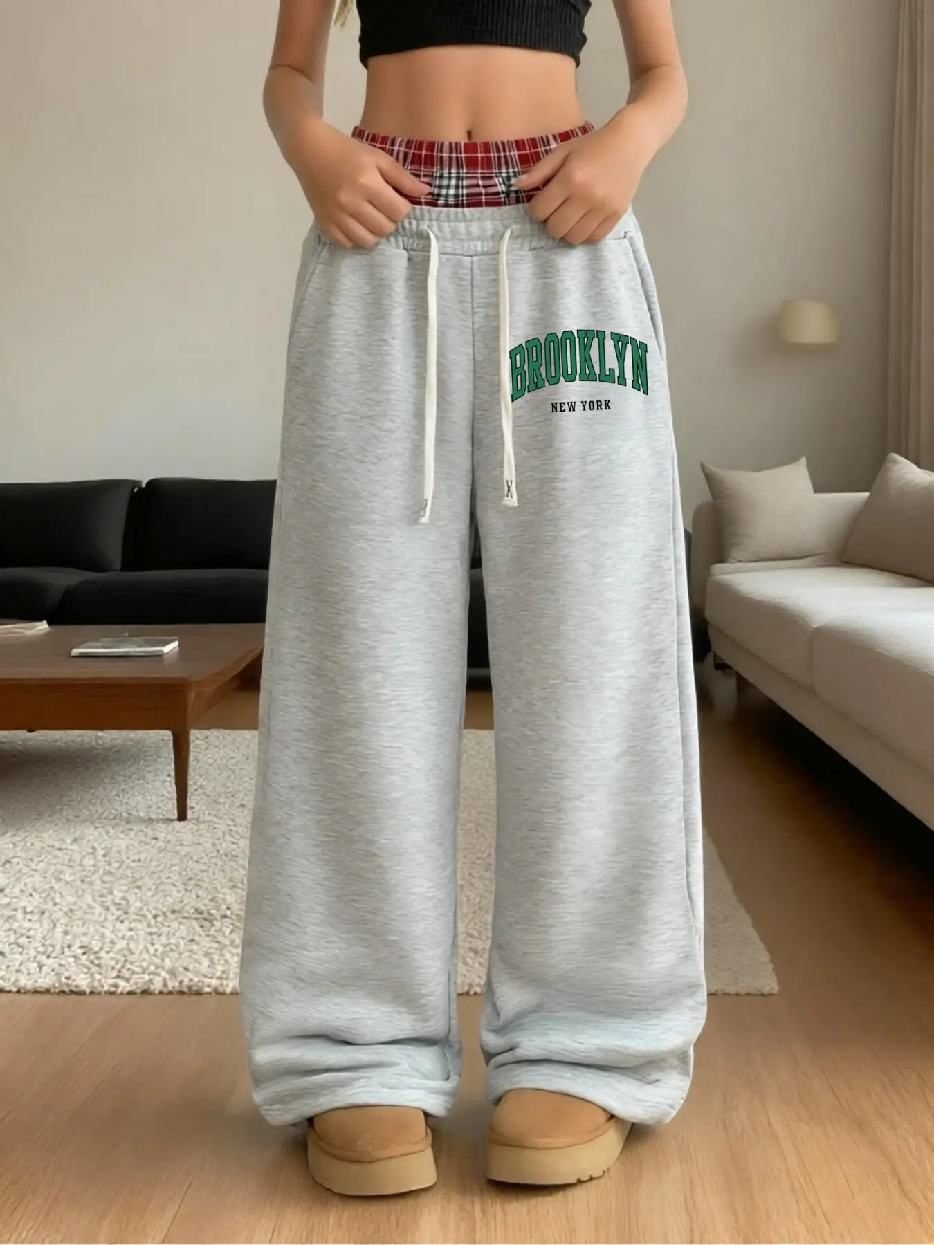 Women's Wide Leg Sweatpants, Brooklyn New York Letter Print, Plaid Double Layer Waist Drawstring, Loose Fit Street Style, Daily Wear