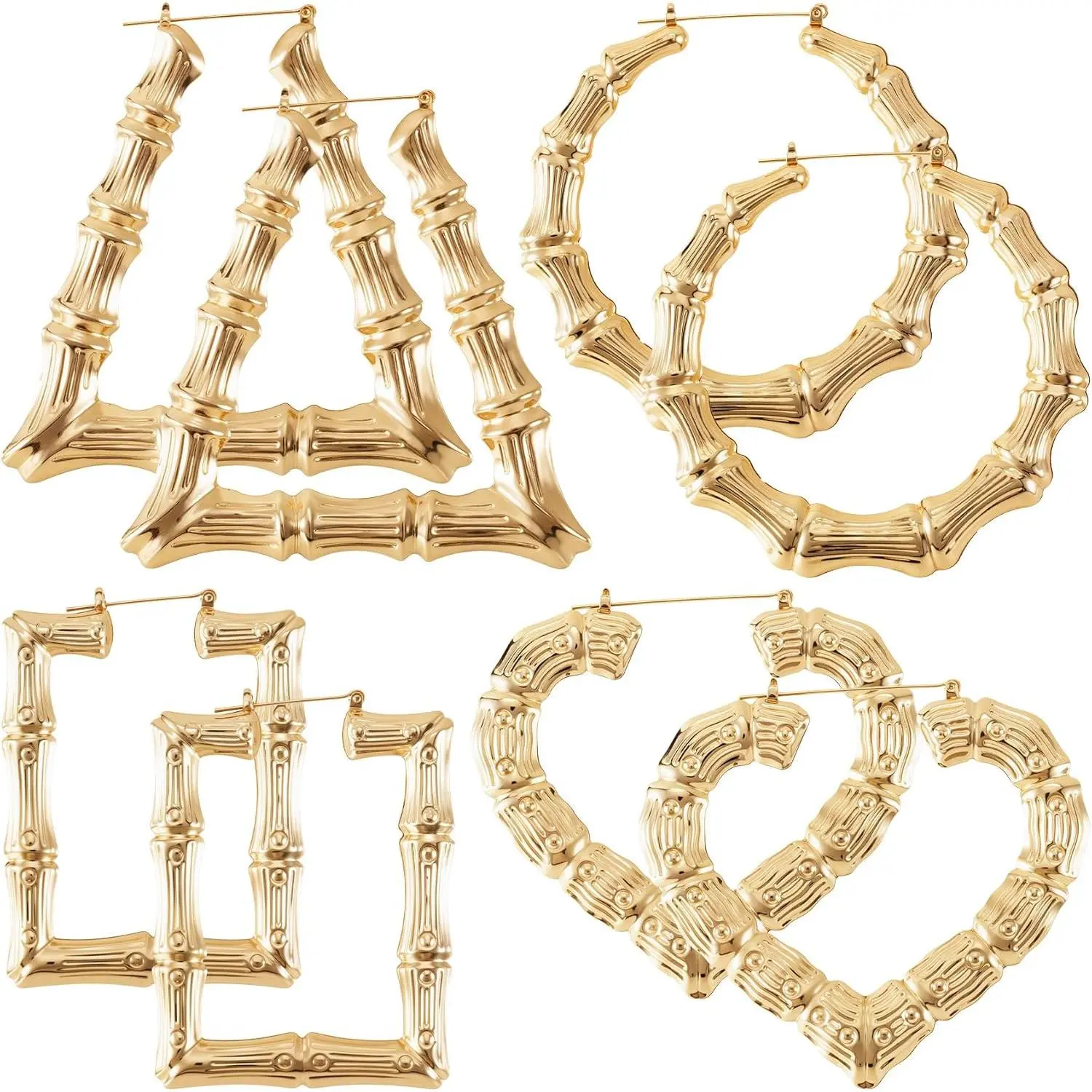 4 Pairs Extra Large Bamboo Earrings, Heart-Shaped Trapezoidal Rectangular Hoop Bamboo Earrings, Hypoallergenic 80s 90s Shiny Hip Hop Earring Hoops