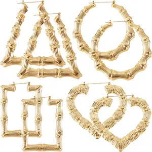 4 Pairs Extra Large Bamboo Earrings, Heart-Shaped Trapezoidal Rectangular Hoop Bamboo Earrings, Hypoallergenic 80s 90s Shiny Hip Hop Earring Hoops
