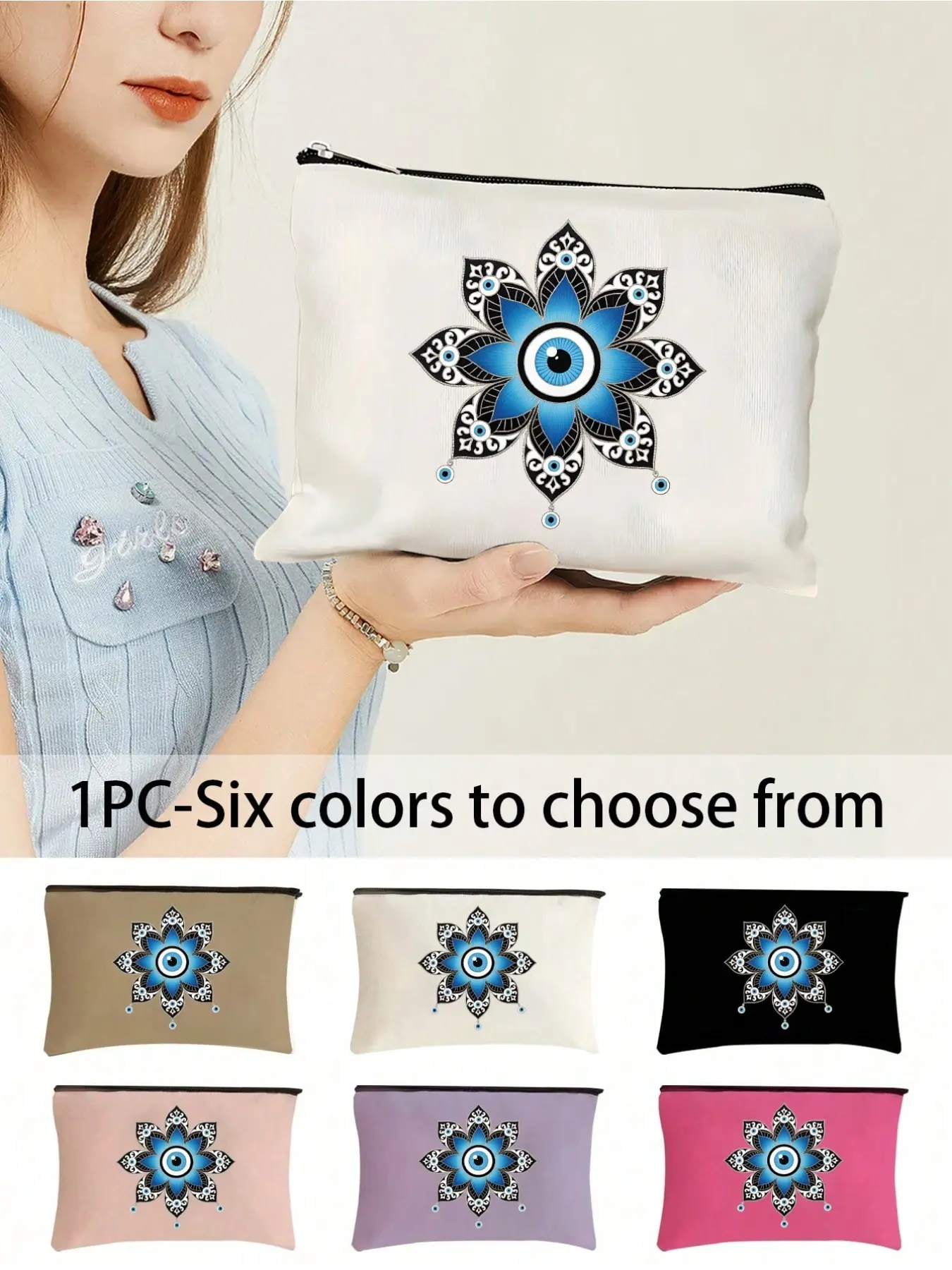 Blue Evil Eye Pattern Makeup Bag, Dark Theme Eyeball Print, Large Capacity, Portable, Multi-Functional, Six Colors, Women's Essential
