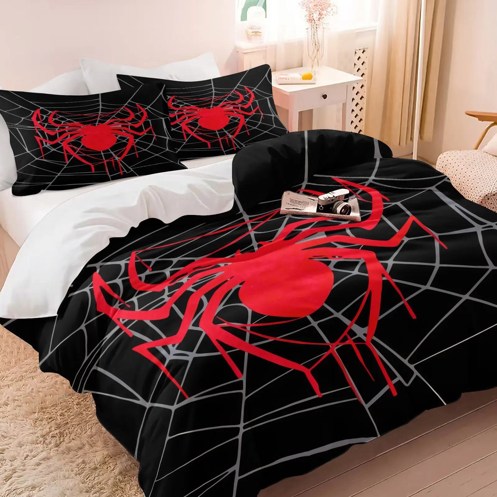 Gothic Red Spider Web Print Duvet Cover Set, 1 Duvet Cover & 1/2 Pillowcases No Filling, Soft Microfiber Bedding Set, Dark Horror Themed, Present Idea Decor for Teens Bedroom Halloween Holiday