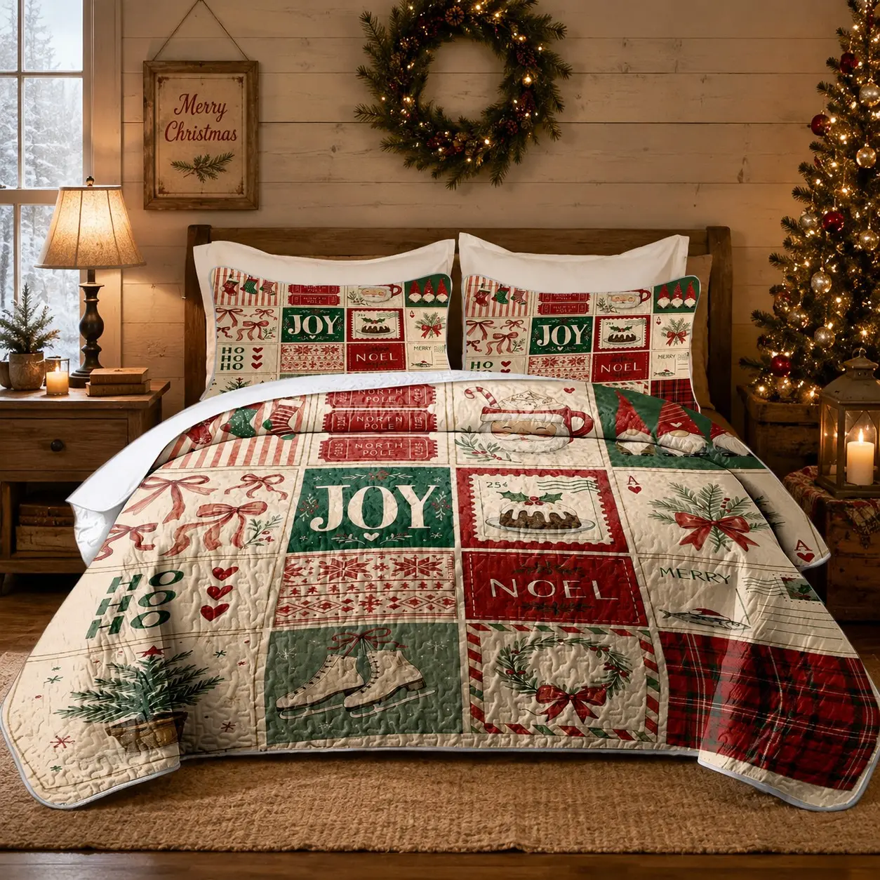 3Pcs Christmas Vintage Patchwork Print Quilted Bedspread Set, Joy Noel Santa North Pole Holiday Coverlet with 1 Bedspread & 2 Pillow Shams, Lightweight Soft Breathable Fade Resistant Bedding, Printed Bedding Set, Queen/King Size, Christmas Bedroom Decor