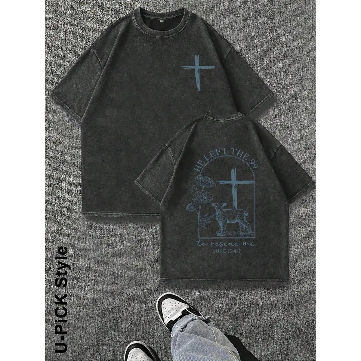 U-PICK Style -HE LEFT THE 99 To Rescue Me(Luke 15:4-7) - Washed Vintage 100% Cotton Men's Round Neck Short Sleeve Streetwear Batik Craft Can Be Used As Gifts - Printed And Shipped In The USA
