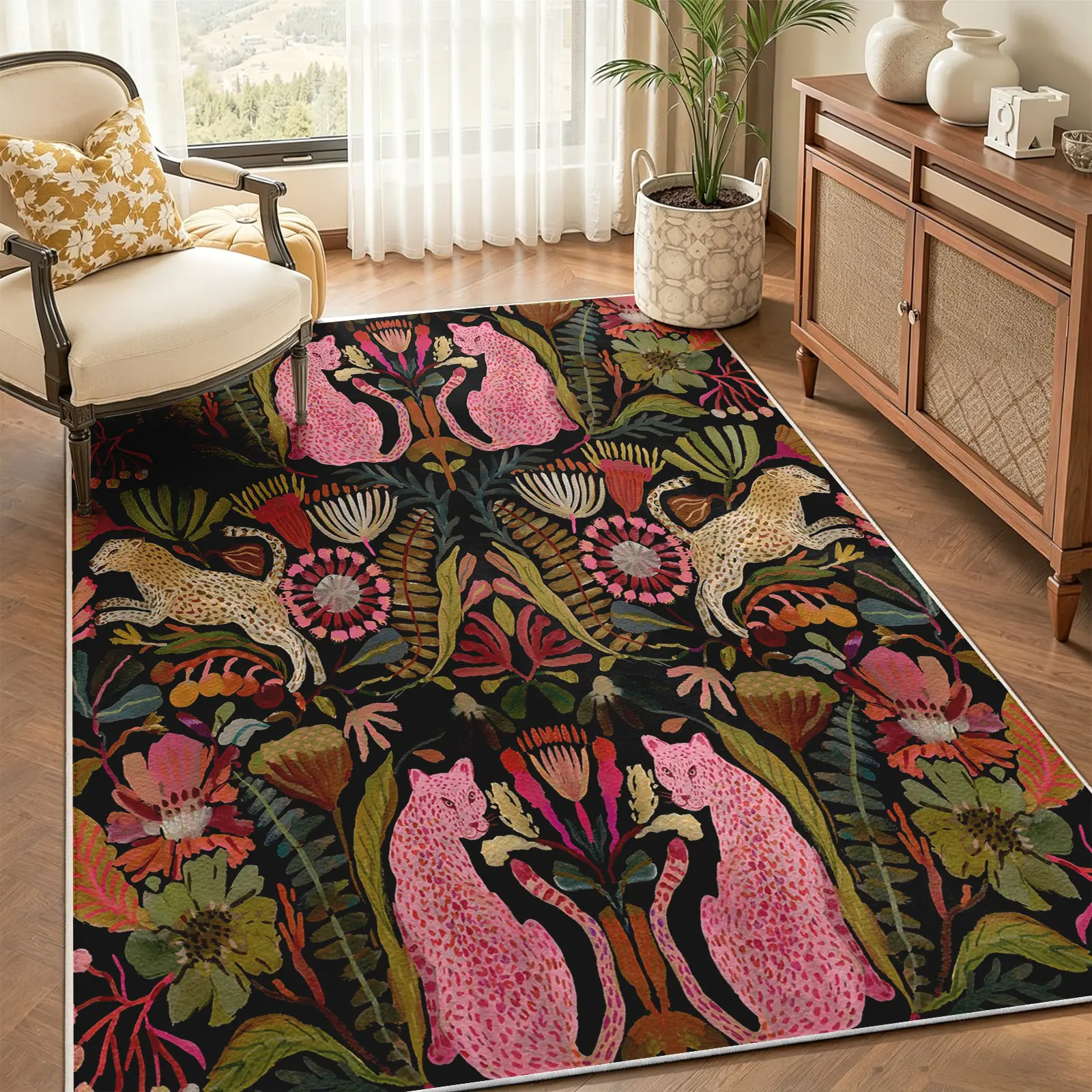 8x10 Black Pink Leopard Area Rug, Vibrant Tropical Floral Botanical Pattern, Non Slip Backing Machine Washable Soft Surface, Living Room & Bedroom Deocr, Rugs For Living Room, Office, Dining Room, Aesthetic Room Decor, Alfombras Para Sala