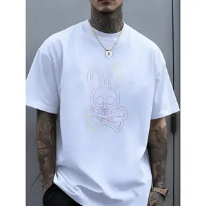 Casual Streetwear Style, Men's T-Shirt, Rainbow Outline Skull Bunny And Crossbones Graphic, Summer Daily Wear, Gift For Boyfriend Or Tattoo Enthusiast
