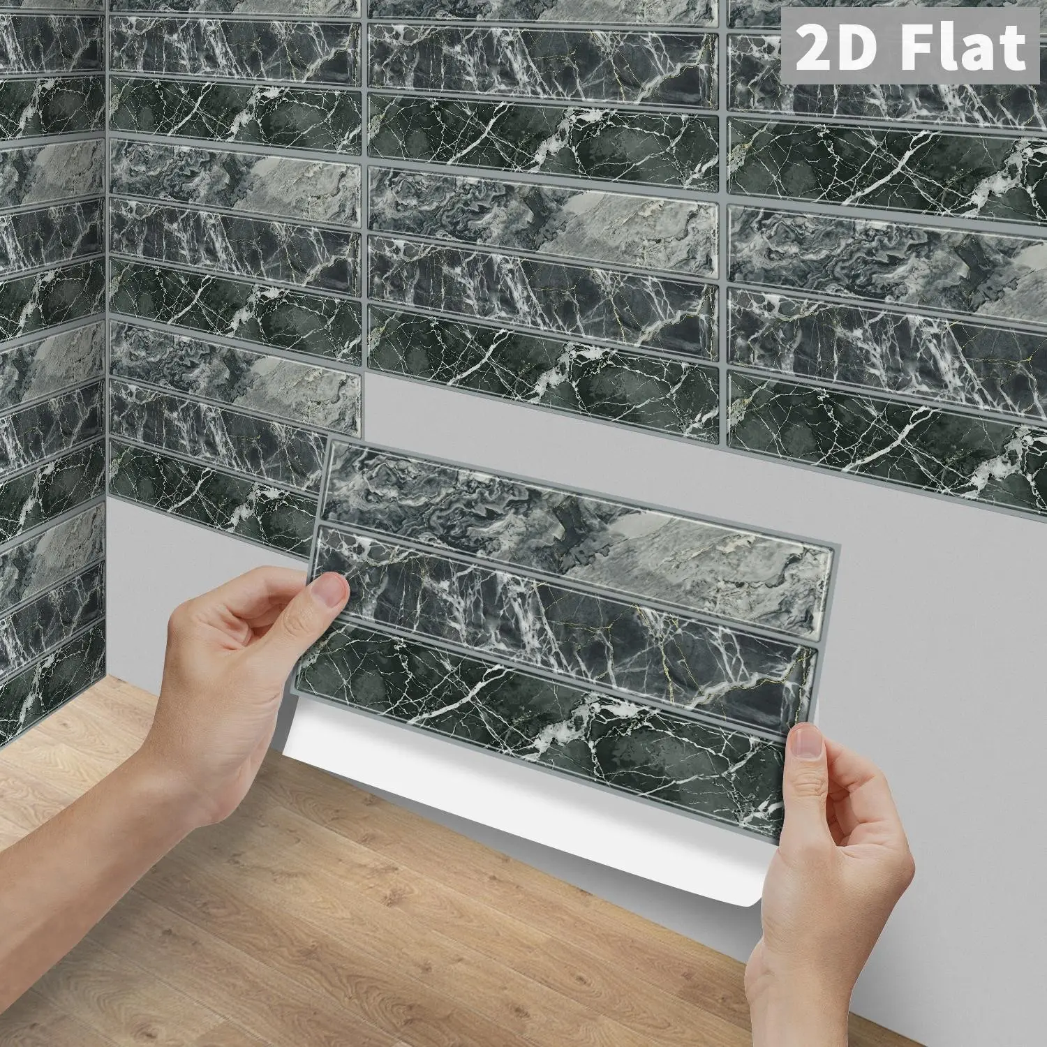 6/12/24/48PCS FG PVC Peel & Stick Tiles, Dark Green Gold Vein Marble 3-Grid Strip Backsplash, Waterproof Oil-Proof Self-Adhesive Rectangle Decals, DIY Stickers For Kitchen, Bathroom, Floor, Old Tiles & Wood Panels Indoor Home Decor