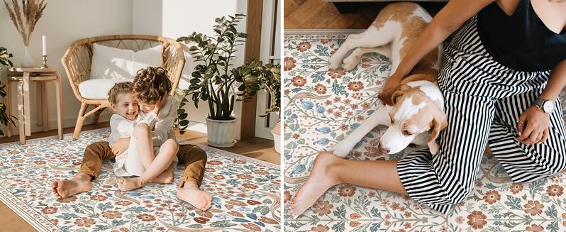 Moynesa Floral Washable Faux Cashmere Rugs, 8x10 Area Faux Cashmere Rug for Living Room, Soft Large Boho Bedroom Faux Cashmere Rugs, Flower Non Slip Ultra Thin Botanical Carpet for Dining Room Nursery Office, Beige