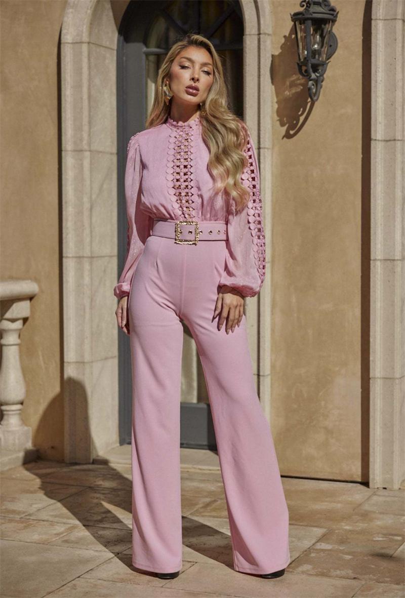 Woman Jumpsuit Birthday Long Sleeve Hollow Out High Waist One Pieces Overalls Club Party Outfits with Belt