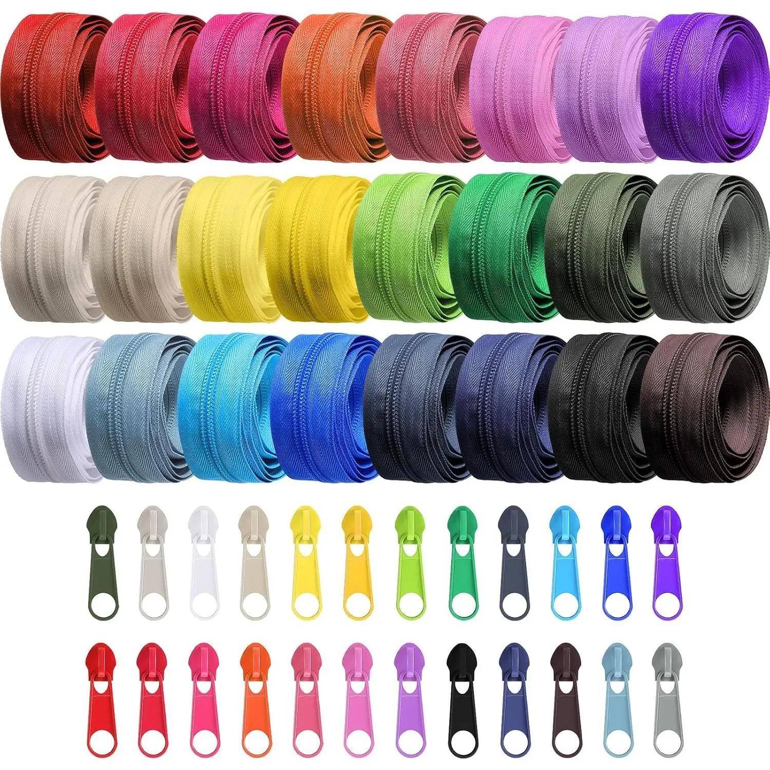 24 Colors Zipper Repair Kit, #5 Nylon Coil Sewing Zippers Sewing Supplies Zipper Tape Zippers by the Yard with 96 Pcs Zip Pulls Sliders Purse Hardware for Bags Making(24yard,Colorful)