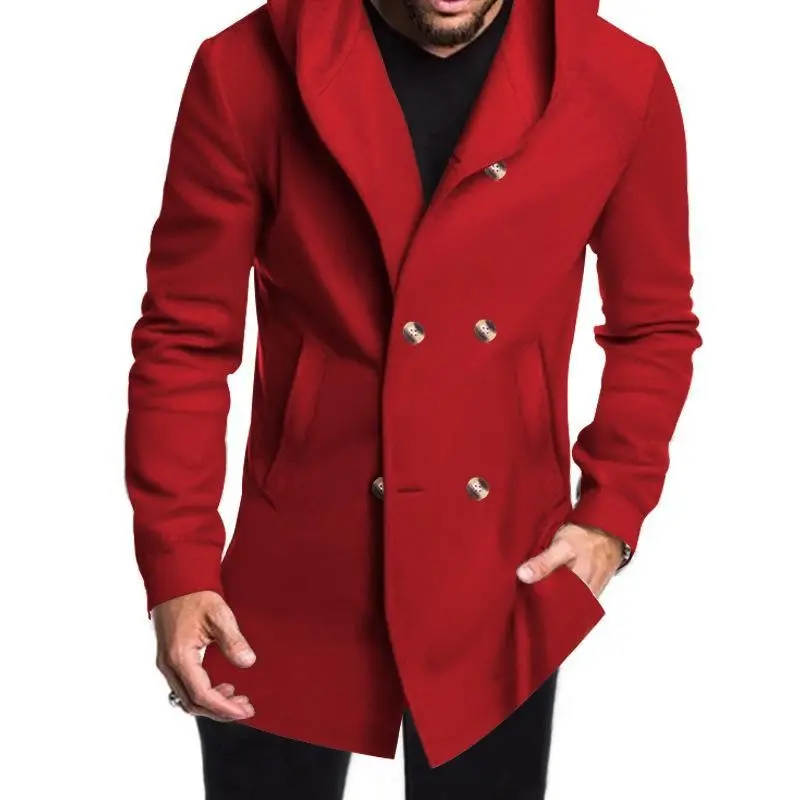 Men??s Hooded Peacoat ?C Long Double Breasted Winter Trench Jacket with Pockets