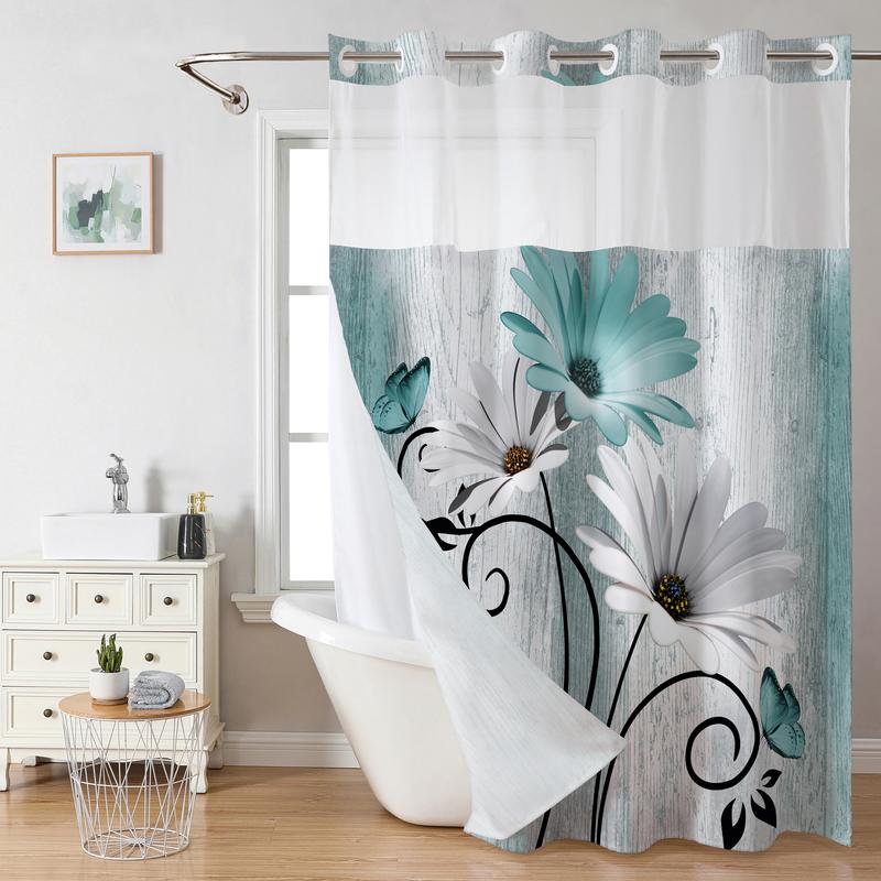No hooks double-layer shower curtain, Daisy printed waterproof fabric, retro country style home decoration, hotel, dormitory and bathroom accessories, 72x75in