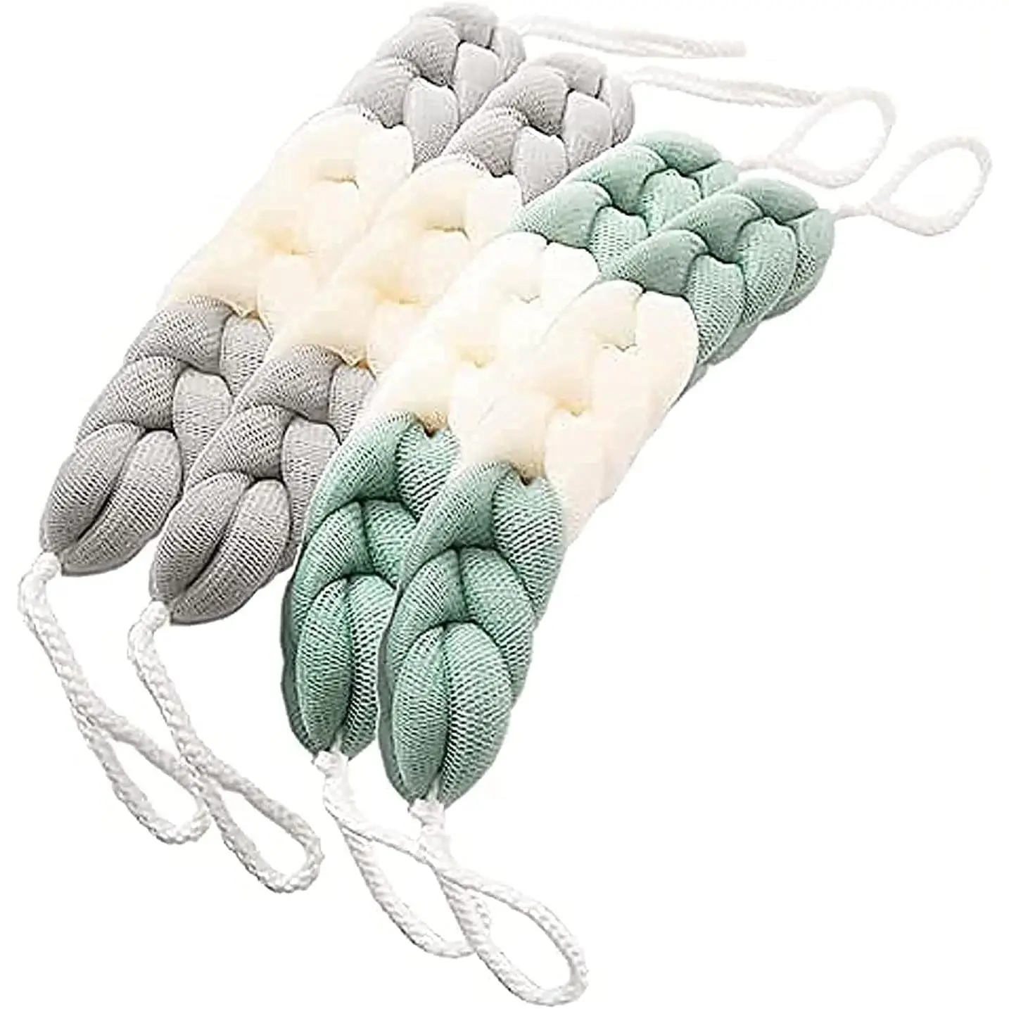 4 Packs Long Loofah   for Shower, Bath Sponge Ball with Rope Handles,Stretch  Mesh Sponge for Men and Women (A-2Grey+2Green)
