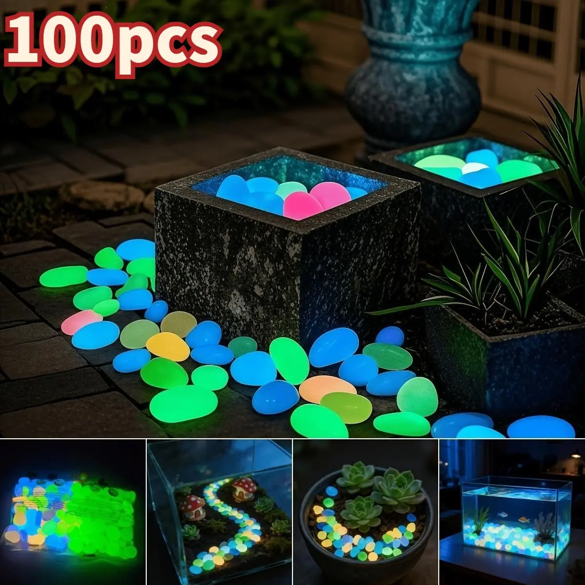 100 Large Crystal-Like Glowing Stones, Ideal for Aquariums, Pots, Vases, Handicrafts, Romantic Night Lights, Multicolor Glow Stones for Gardens and Patios, Decorative Stones