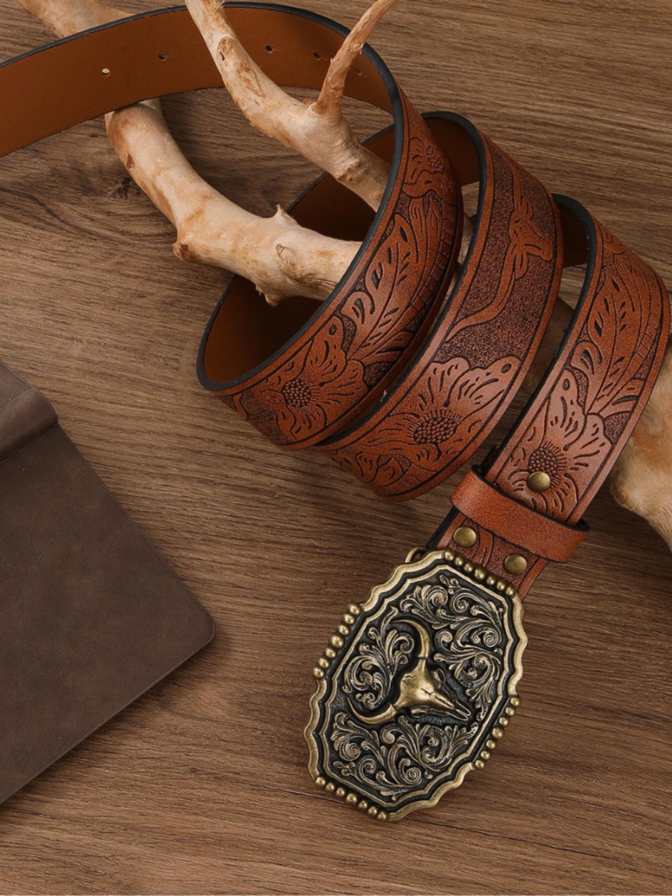 Boho Style Vintage Western Belt, Fashionable Ethnic Pattern Embossed Belt Buckle for Women & Men, Trendy All-match & Exquisite Belt for Birthday Gift