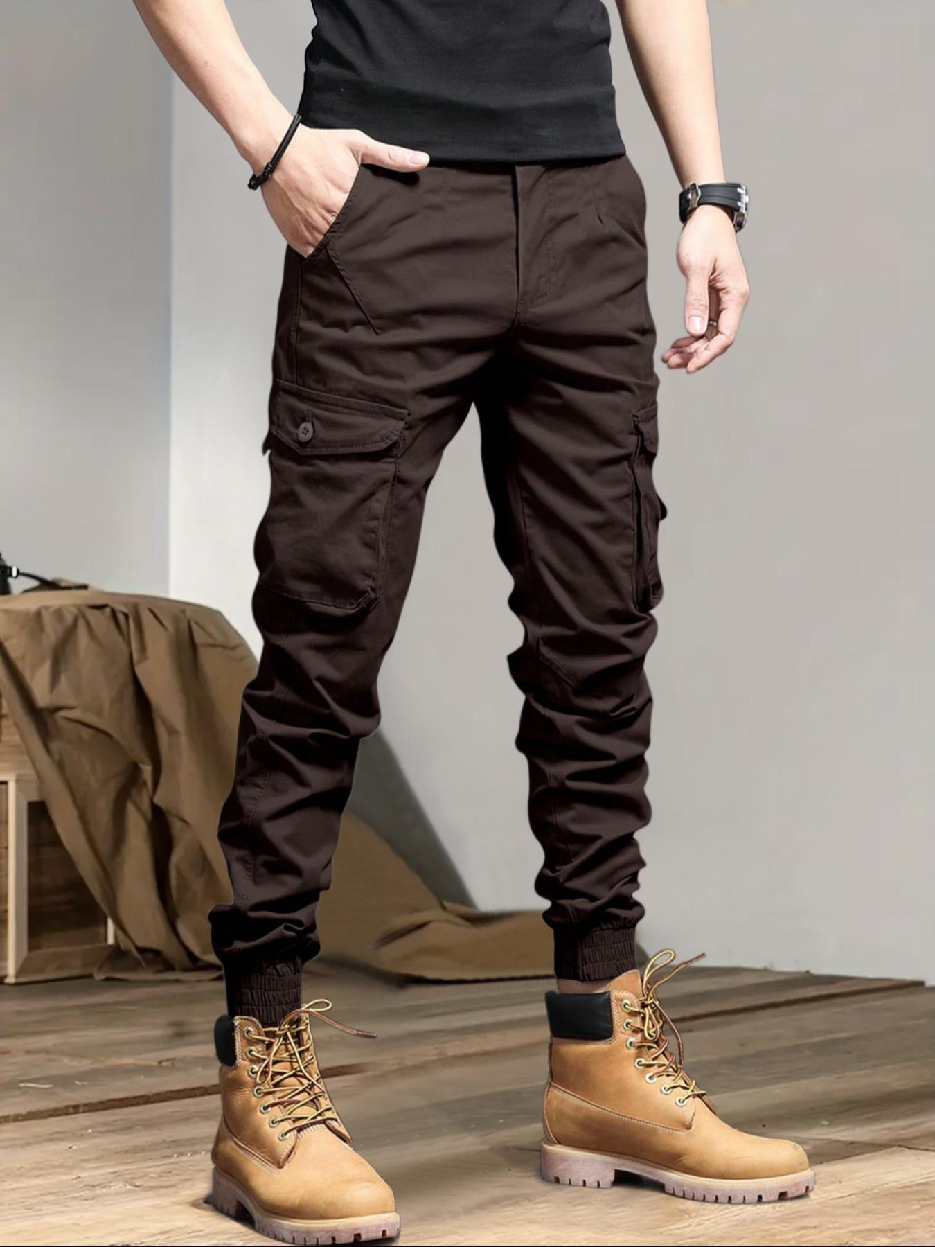 Men's Solid Drawstring Cargo Pants, Loose Casual Slant Pocket Elastic Waist Trousers for Outdoor Wear, Men's Streetwear Bottoms for All Seasons