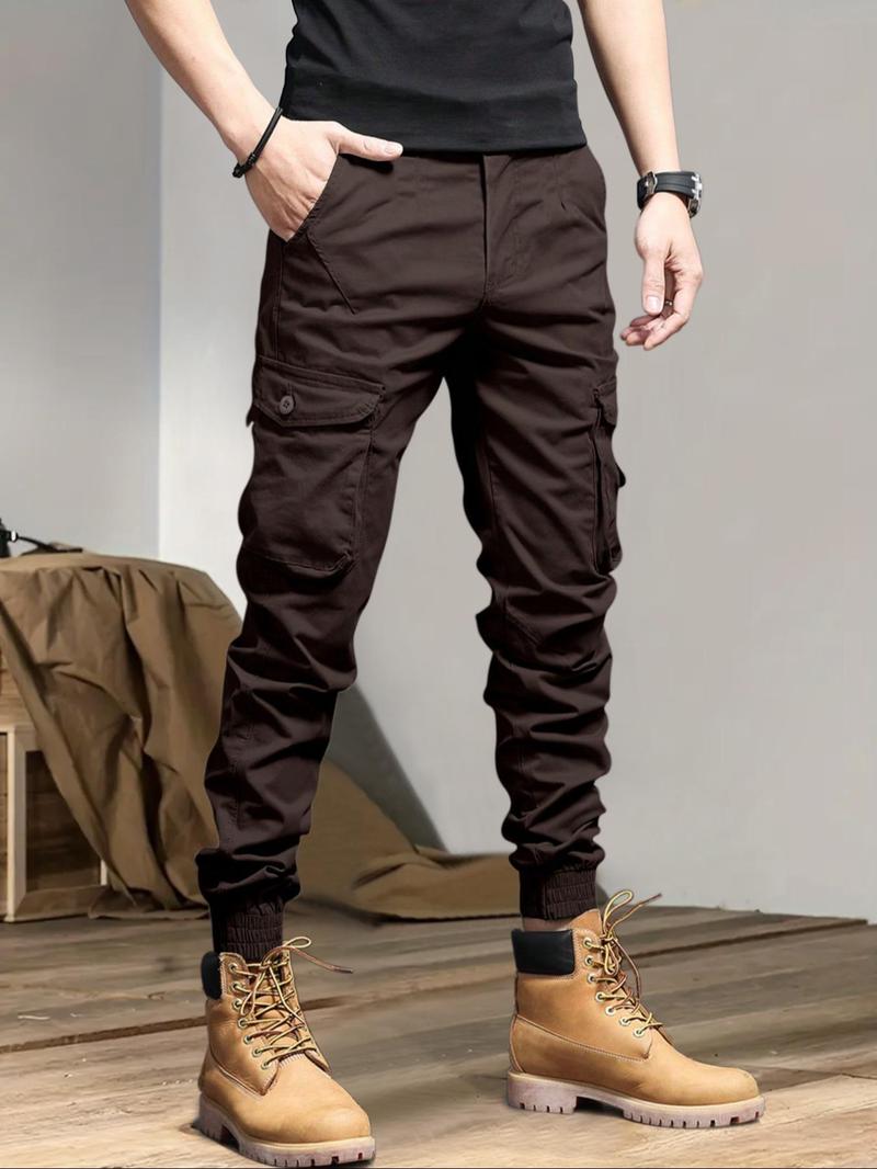 Men's Solid Drawstring Cargo Pants, Loose Casual Slant Pocket Elastic Waist Trousers for Outdoor Wear, Men's Streetwear Bottoms for All Seasons