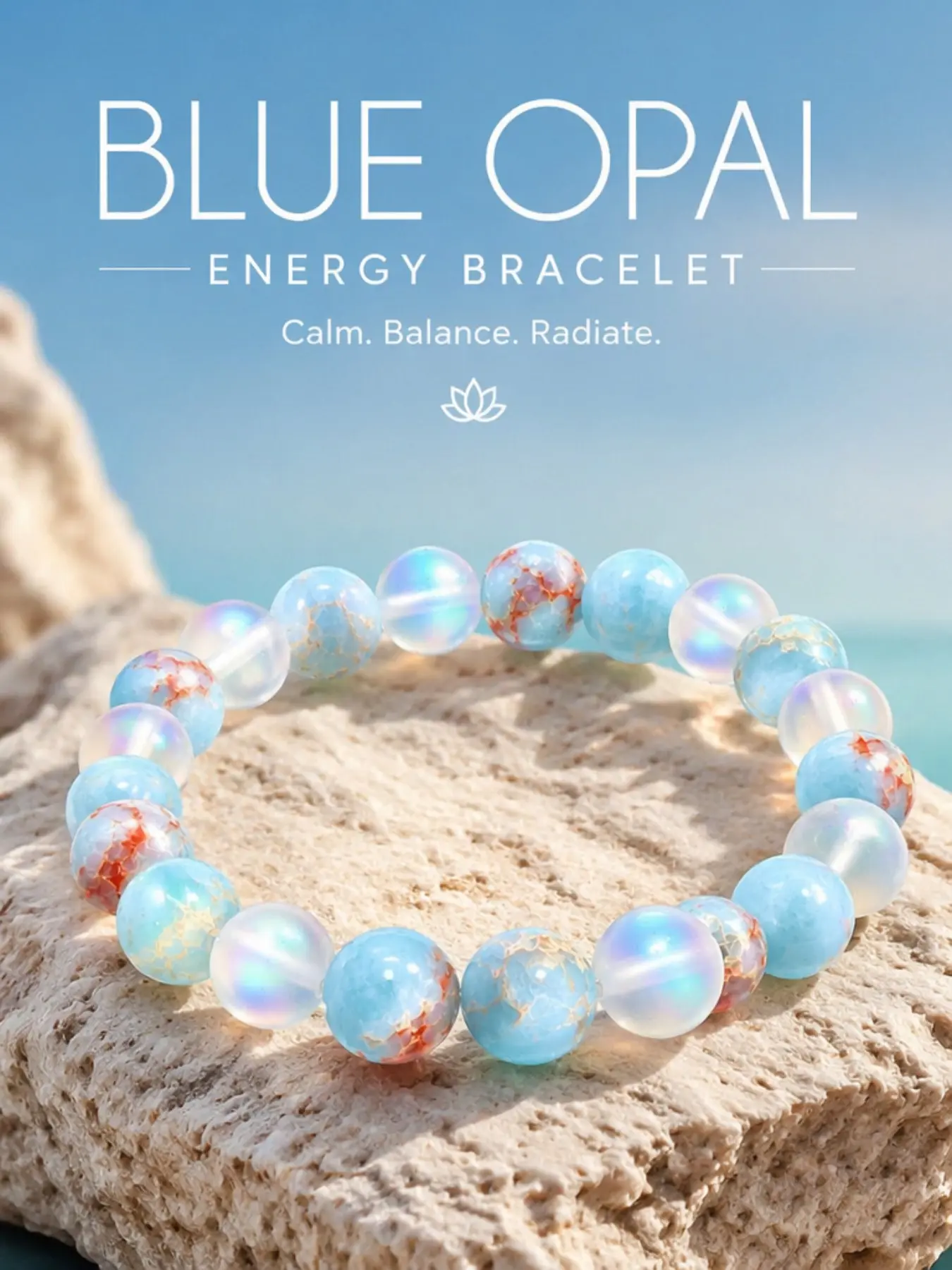 Natural Blue Opal Crystal Beaded Bracelet for Women Men, Stretch Healing Stone Bracelet, Crystal Stacking Bracelet, Iridescent Energy Yoga Meditation Boho Stackable Jewelry Gift for Her Him