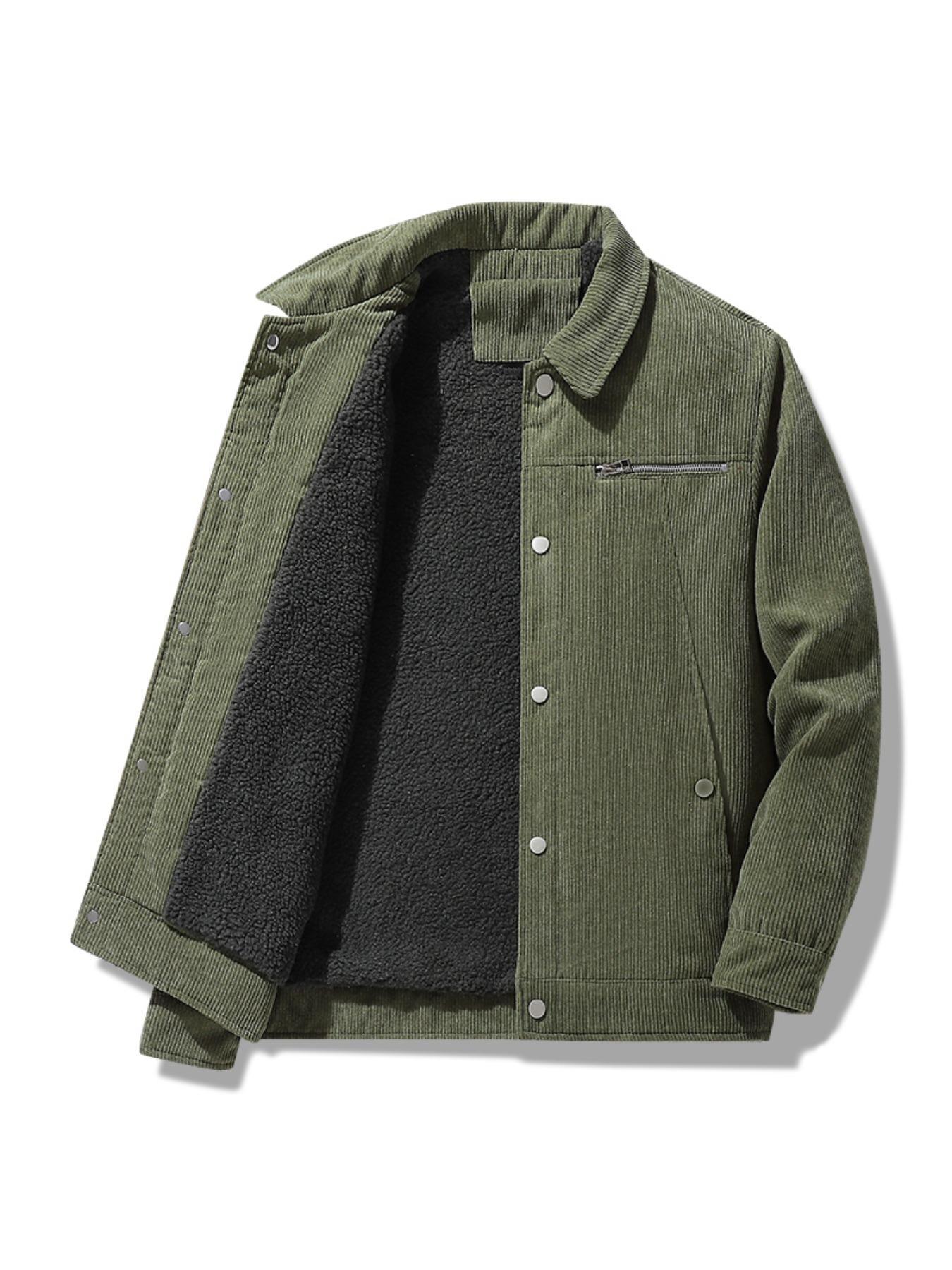 Men's Solid Button Front Pocket Thermal Lined Jacket, Loose Casual Long Sleeve Collared Outerwear for Fall & Winter, Men's Clothes for Daily Wear, Casual Fashion Coat, Casual Comfy Jacket