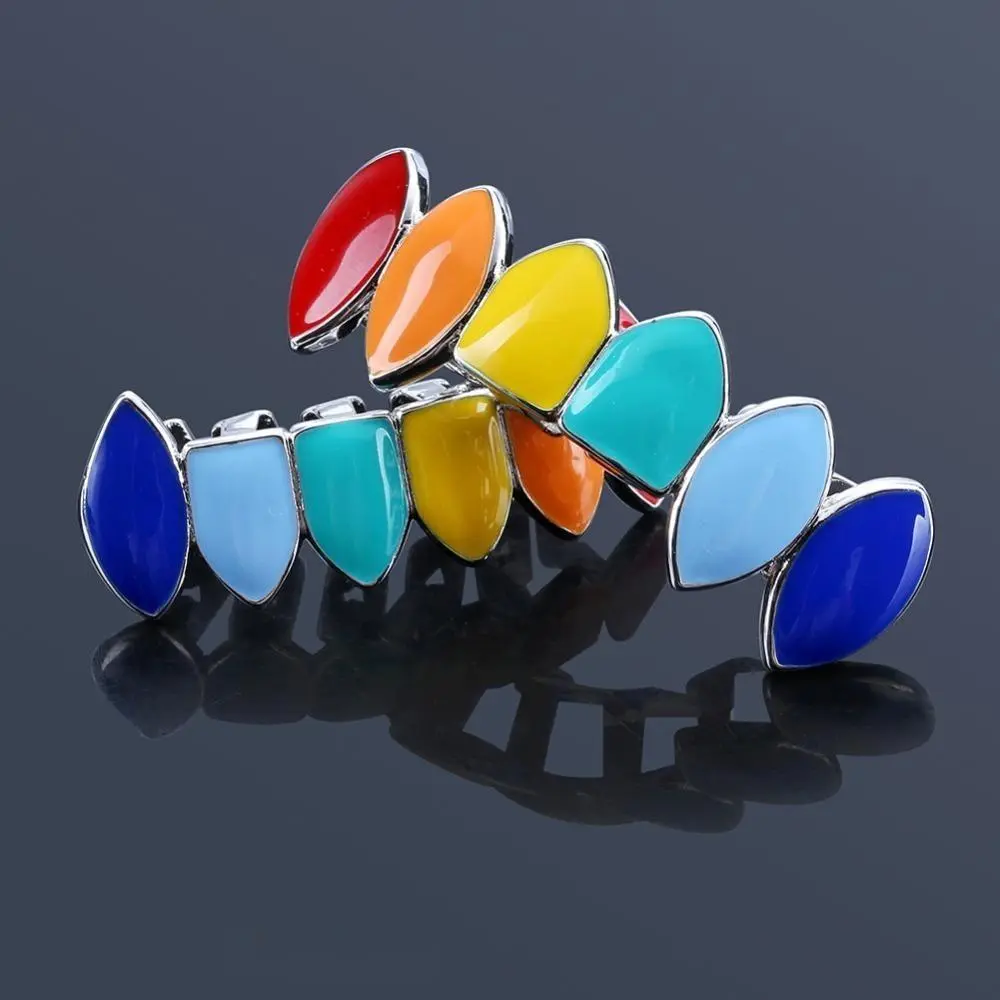 Gold Plated Hip Hop Brass Grillz Set - Teeth Accessory with Bold Rainbow Enamel, Secure Fit, Long Lasting Oral Wear, Reusable for Parties & Pride Festivals