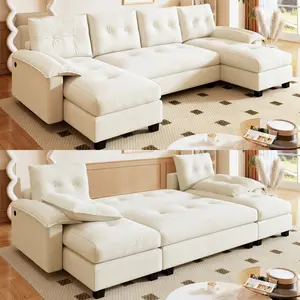 Large 1047 Inch U Shaped Sleeper Sofa Bed 2 in 1 Convertible Sectional Couch with Pull Out Bed Removable Armrests USB Ports Modular Chaise Lounge for Living Room Apartment in Beige and White