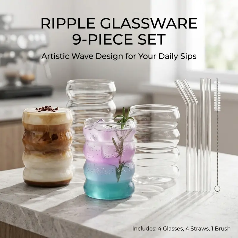 Ripple Glassware 9-Piece Set - Artistic Wave Design Glass Beverage Cups with 4 Glasses, 4 Straws & 1 Cleaning Brush, Perfect for Iced Coffee, Cocktails & Daily Drinks