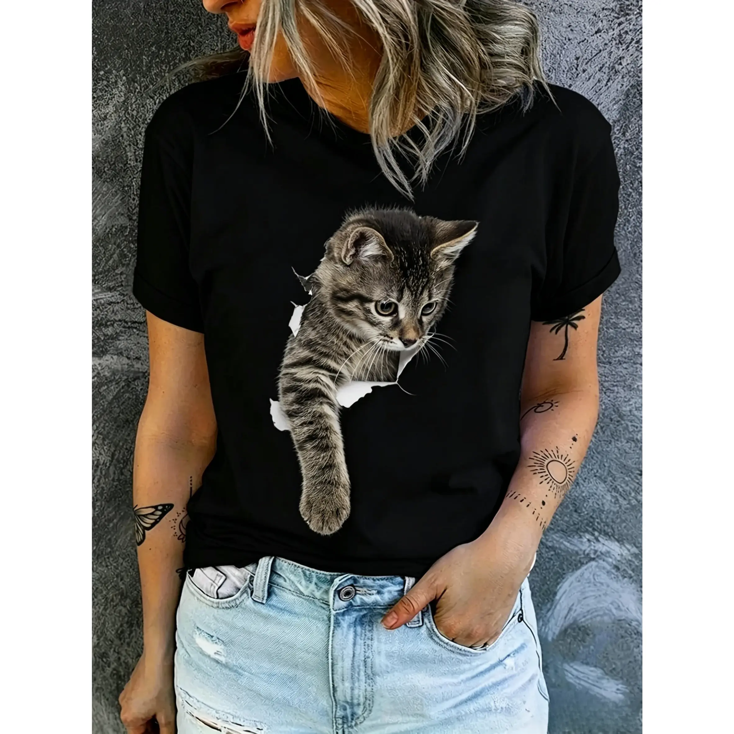 Women's Fitted Knit Seamless Sports Top, Cute 3D Tabby Cat Breaking Through Fabric Graphic, Smooth Short-Sleeve Black Casual Tee with Strap Details, Cat Lover Gift, Straps, Solid
