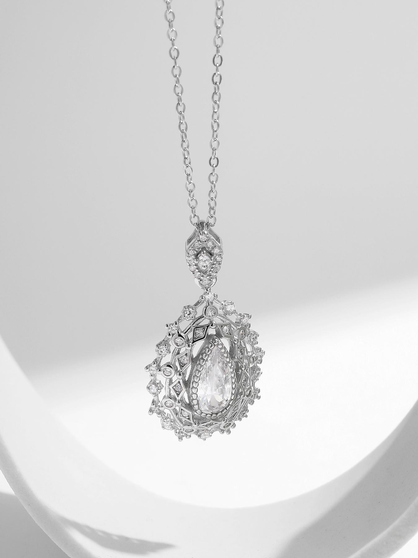 925 Sterling Silver Fashion Water Drop Shaped Artificial Zircon Decor Pendant Necklace for Women, Trendy All-match & Exquisite Jewelry for Birthday Gift