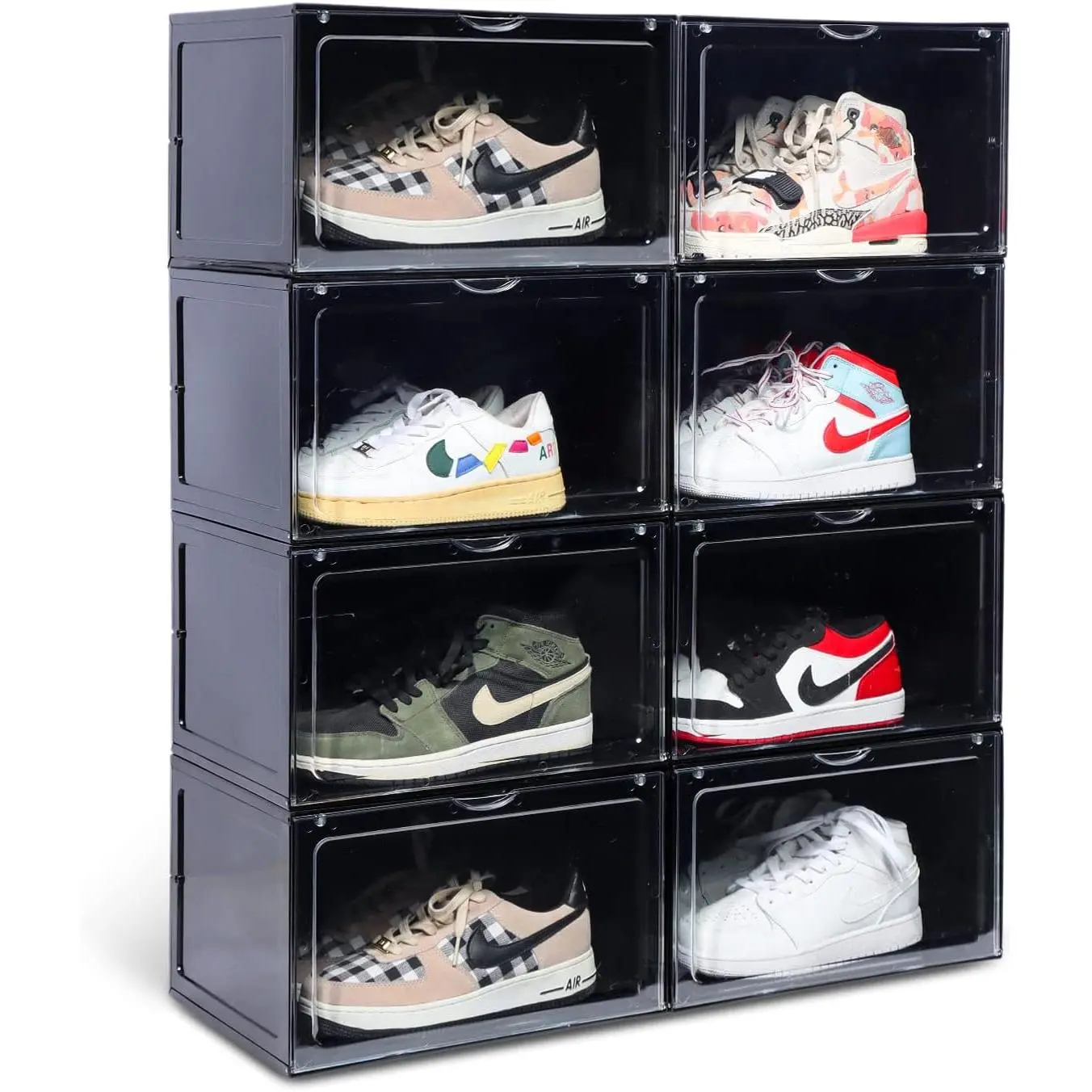 XL Clear Shoe Storage Boxes Stackable, 8 Pack Large Drop Side Sneaker Container Fit Size 13 (Black)