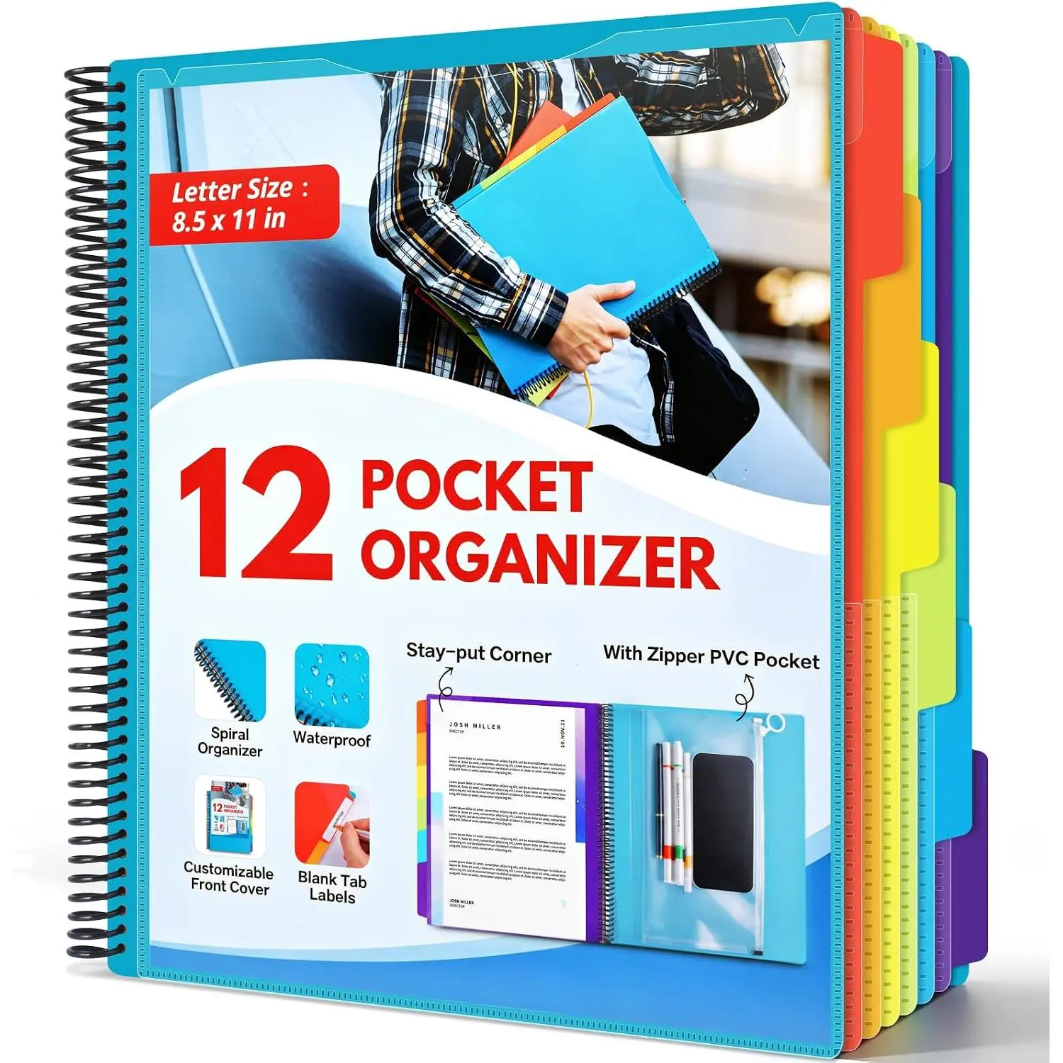 12 Pocket Poly Project Organizer for School & Office, Expandable File Folder with Dividers, Durable Accordion Folder for Documents, Homework, Bills Organization (Blue)