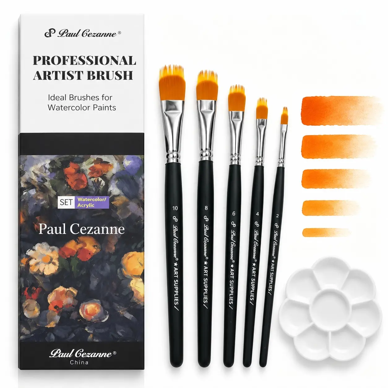 5-Piece Professional Flat Head Brush Set, Ideal for Watercolor and Acrylic Painting, Nylon Bristle Art Brushes, Smooth Control, Includes Palette