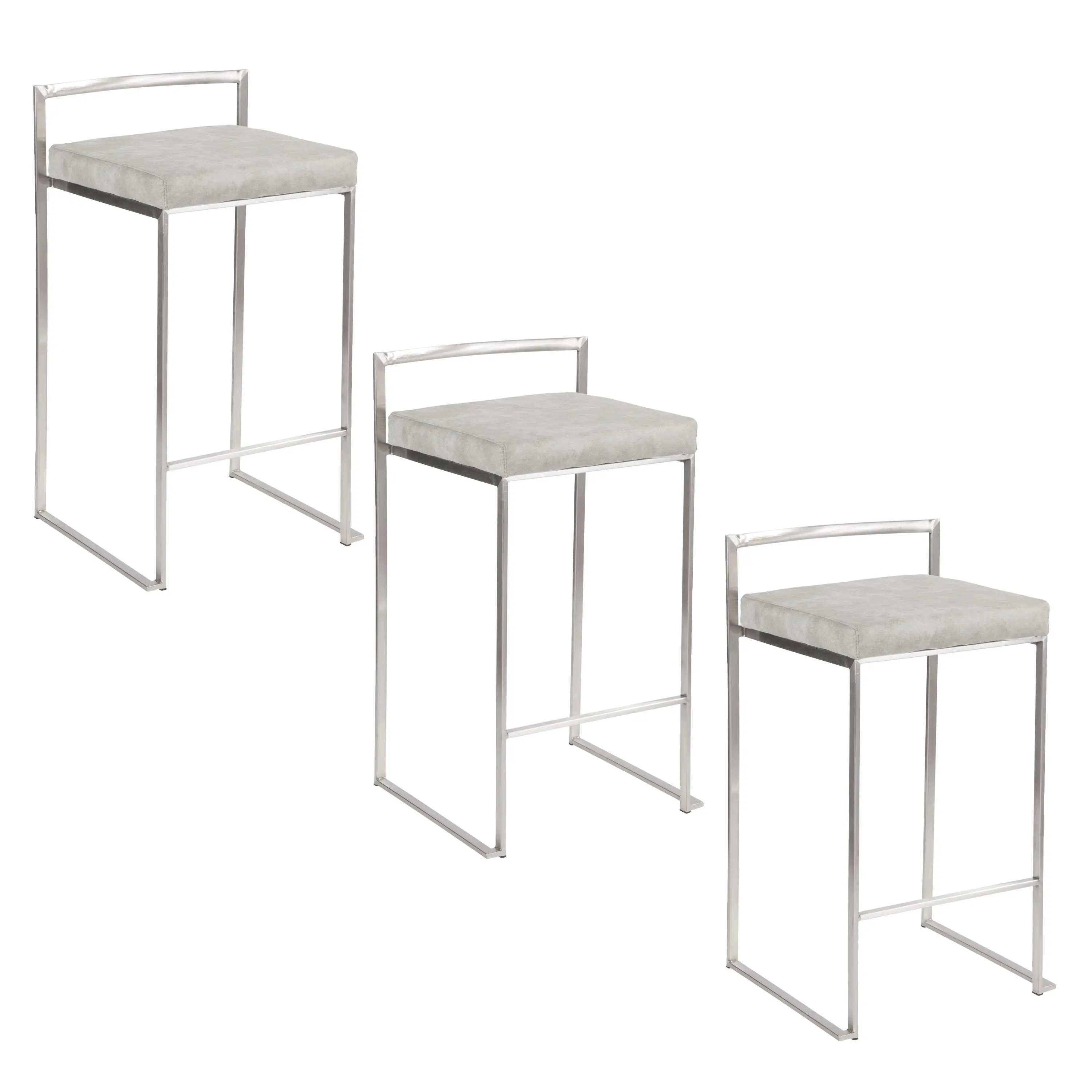 26-Inch Stackable Counter Stools with Brushed Stainless Steel Frame and Light Grey Fabric Cushion, Set of 3