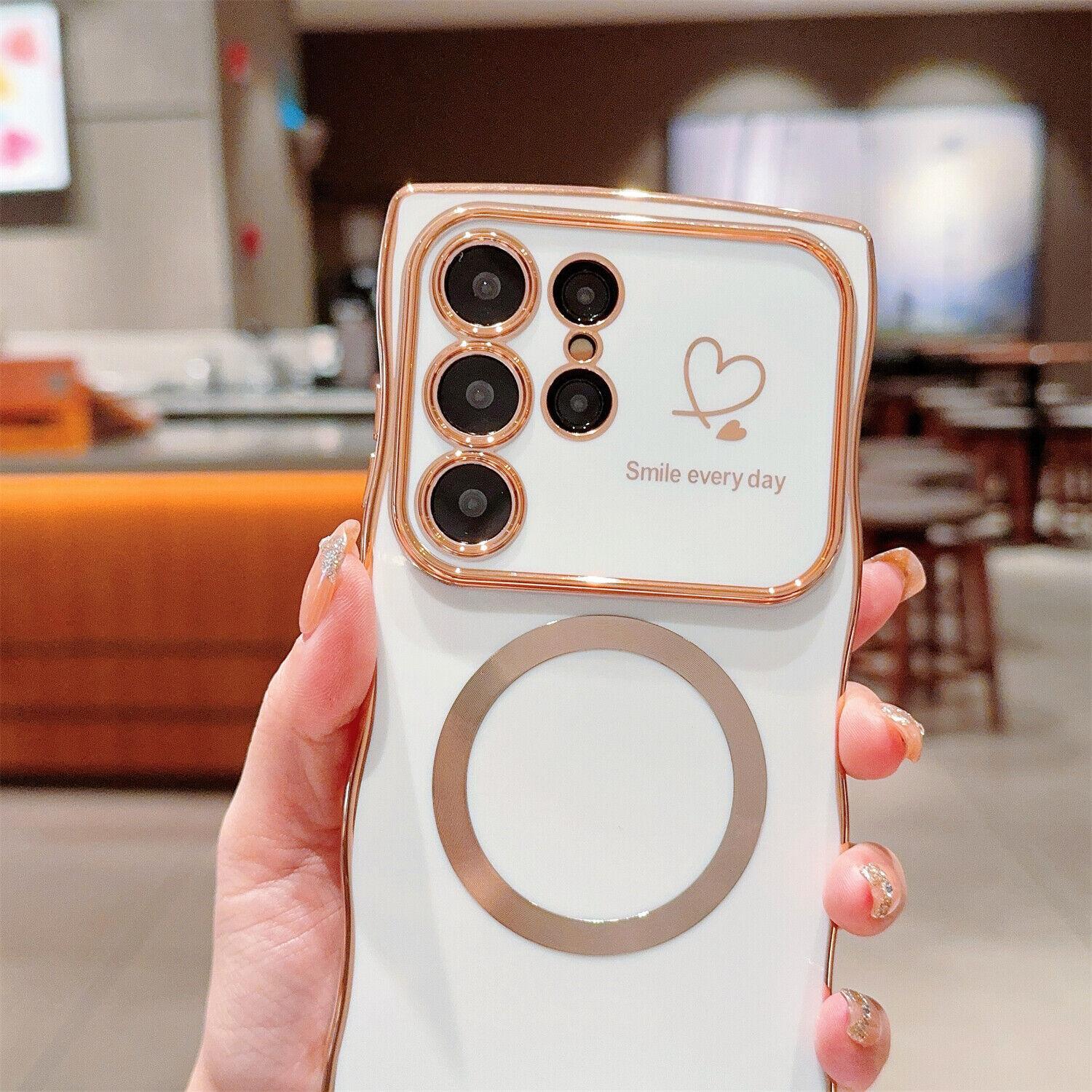 For Samsung Galaxy S24 S23 S22 Case Magnetic,for Women Girls Soft Cute Wave Frame Curly Shape Love Heart Luxury Plating Phone Case Compatible with MagSafe Shockproof Back Cover