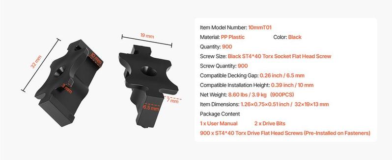 VEVOR 900PCS Hidden Deck Fasteners for Composite Decking Board, Universal Composite T Clips & Plastic Hidden Fasteners with Metal Screws, Polypropylene PP Clips Works with 0.26 inch Gaps, Black