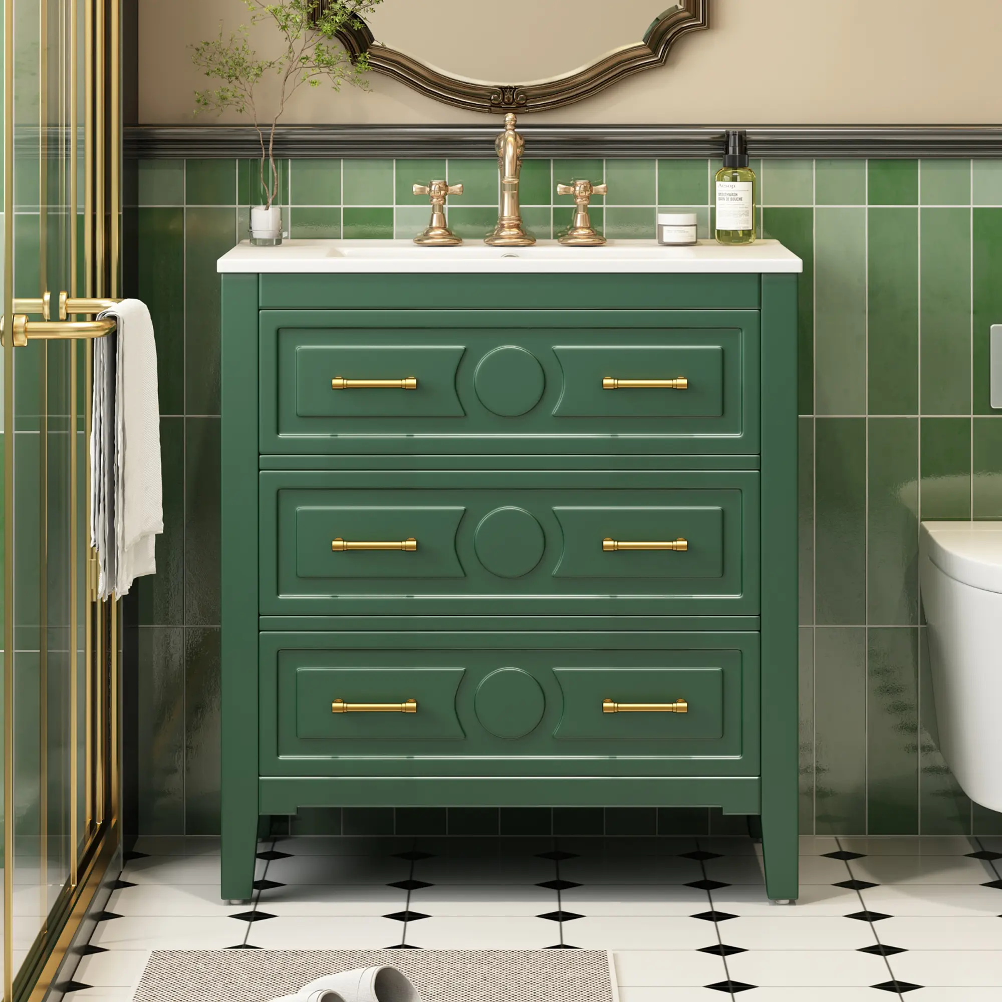 ARCH 30-Inch Bathroom Vanity with Ceramic Sink Combo, Freestanding Single Basin Cabinet, Solid Wood Frame, 3 Drawers, Green Floor Storage Cabinet for Bathroom Organization, Modern Bathroom Furniture, Bathroom Furniture for Vanity Area, Storage