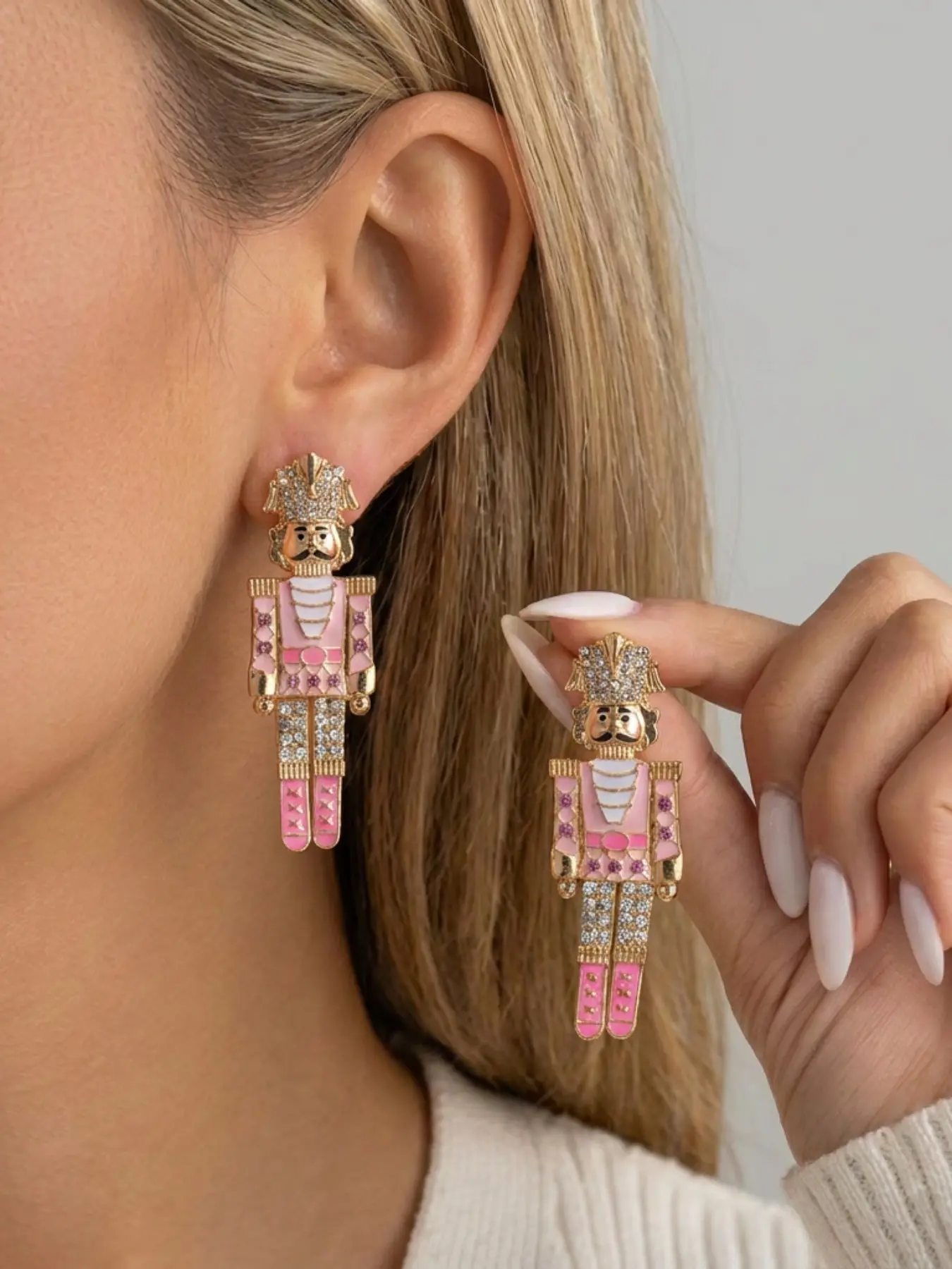 Pastel Pink Nutcracker Soldier Dangle Earrings Full Clear Rhinestone Crown Enamel Pink Uniform Xmas Drop Earrings Gold Plated Sweet Winter Holiday Women Party Jewelry