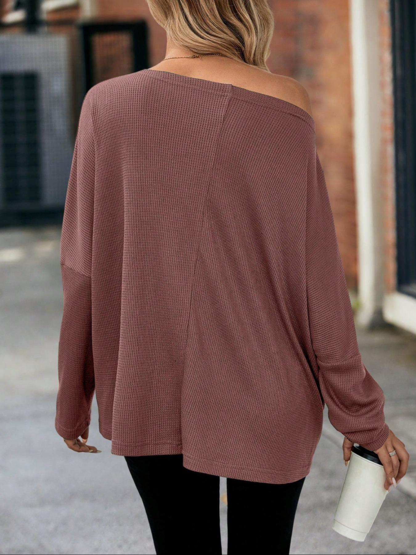 Women's Plain Textured Batwing Sleeve Tee, Casual Drop Shoulder Long Sleeve T-shirt for Spring & Fall, Women's Top for Daily Wear, Casual Breathable Top