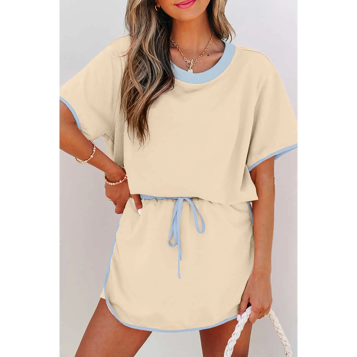Apricot Colorblock Edge Drop Shoulder T Shirt and Skort 2Pcs Set