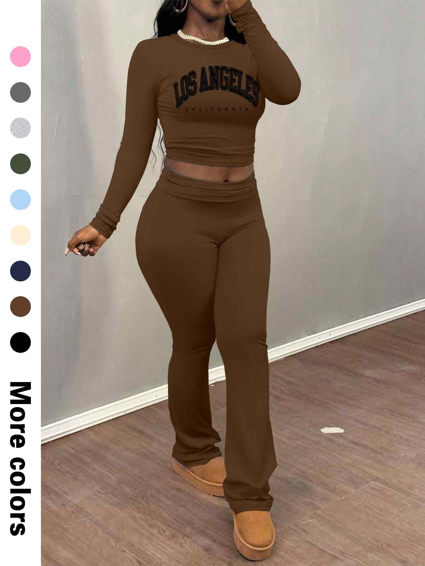 Women's Letter Print Long Sleeve Crop Tee & Plain Flare Leg Pants Two-Piece Set, Casual Fashion Cozy Round Neck Top & Bell Bottom Trousers for Daily Outdoor Wear, Women's Clothing for Fall & Winter