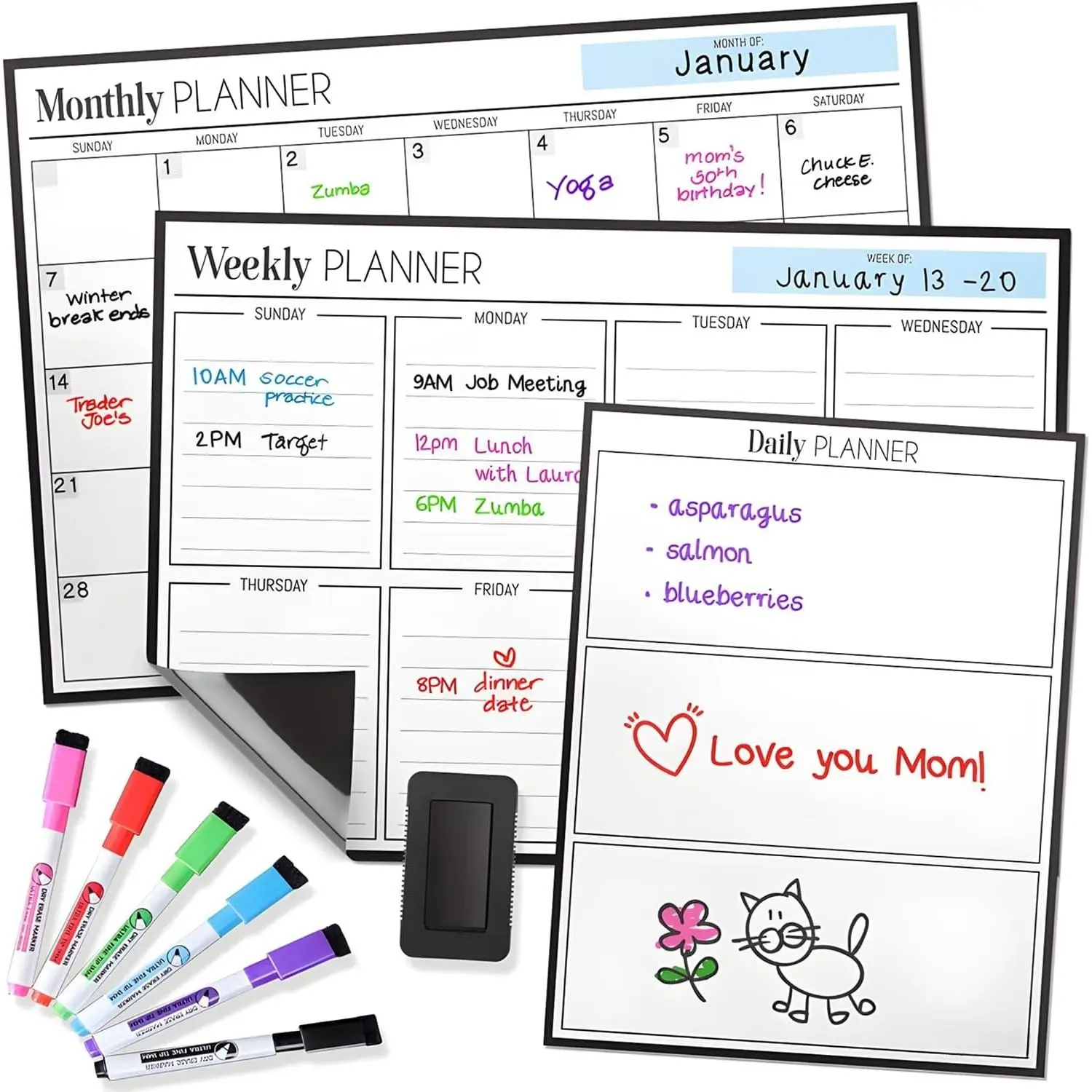 Cinch!  Calendar Bundle of 3 - Monthly, Weekly, Daily Planning Dry Erase Boards for Fridge -  Fridge Calendar Whiteboard Set with 6 Fine Tip Markers, Large Eraser, and