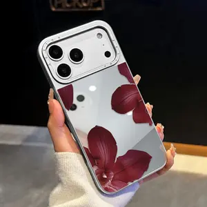 Phone Case for iPhone 17 Air 16 15 14 13 12 Pro Max Plus Burgundy Orchid Grace Pattern Premium Mirror 2-in-1 Electroplated Shell Glossy Silver Rear Shock-Absorbing Anti-Drop Frame Shockproof Cover