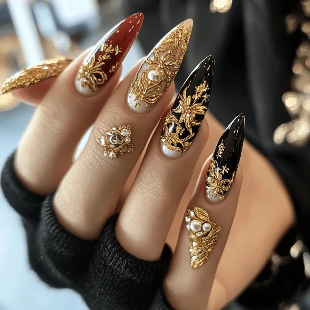 Medium-long almond-shaped Baroque press-on nails, white French tips paired with three base colors of milky coffee, wine red, and black, reusable false nails vintage style nail art, suitable for dates and autumn daily commuting