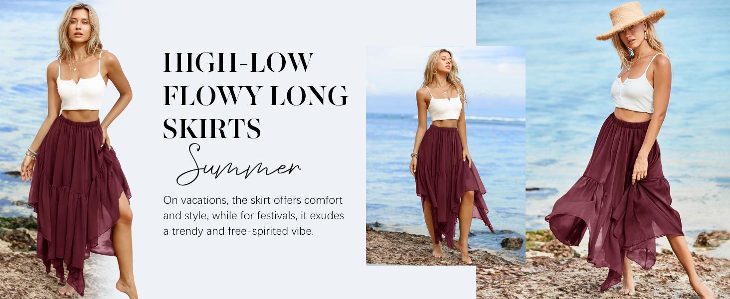 Imily Bela Womens Summer Boho Maxi Skirt Casual Asymmetric High-Low Hem Flowy Bohemia Long Skirt