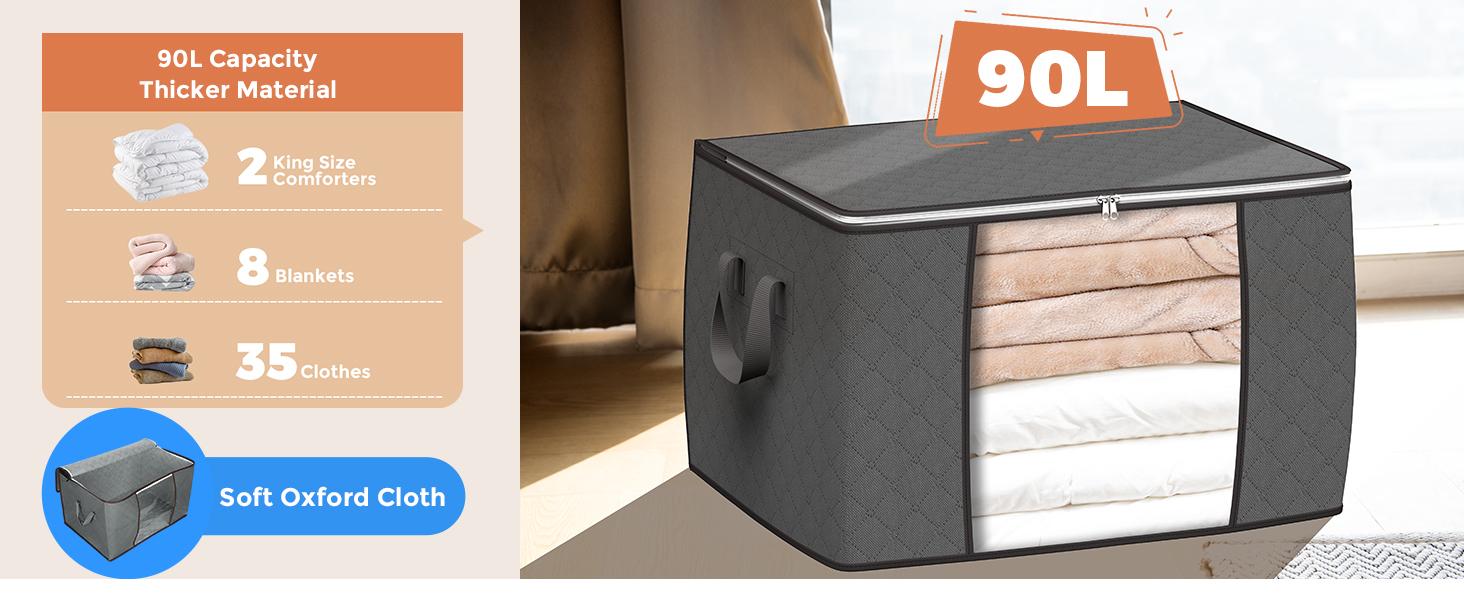 Large Storage Bags, 4 Pack Clothes Storage Bins Foldable Closet Organizers Storage Containers with Durable Handles Thick Fabric for Blanket Comforter Clothing Bedding 90 L (Gray)