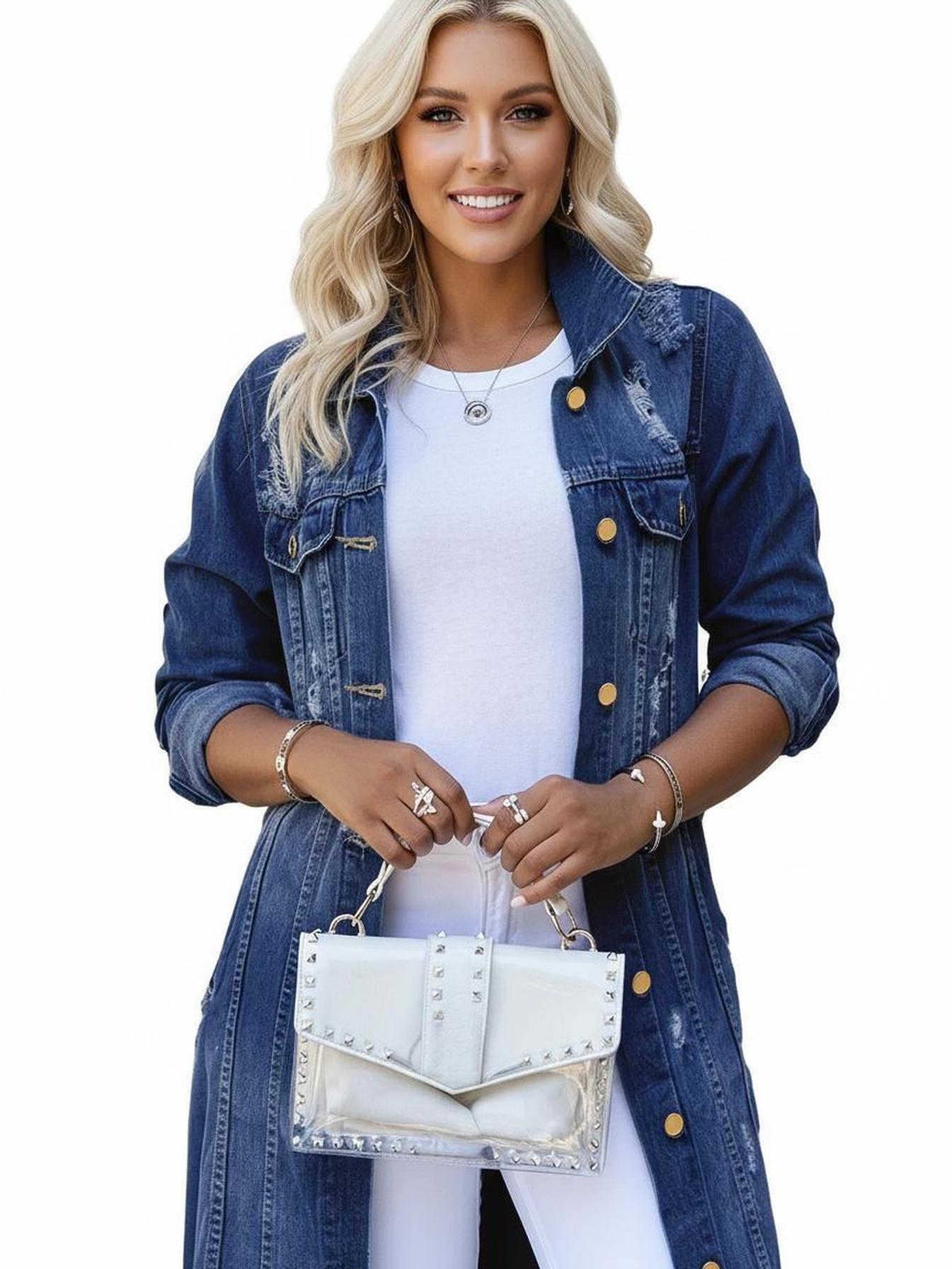 Women's Long Distressed Denim Duster Jacket Button Front Ripped Jean Coat with Pockets